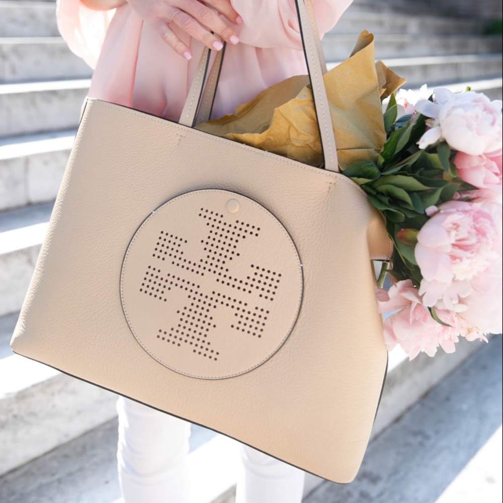 Tory Burch Perforated Leather Tote Sand Dune